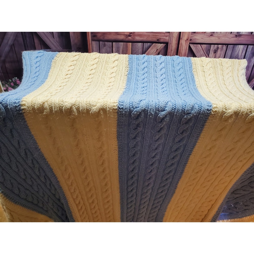 Knitted Cable‎ Blanket Yellow Blue Cream Cozy Throw